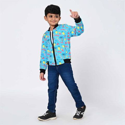 Blue tropical print bomber