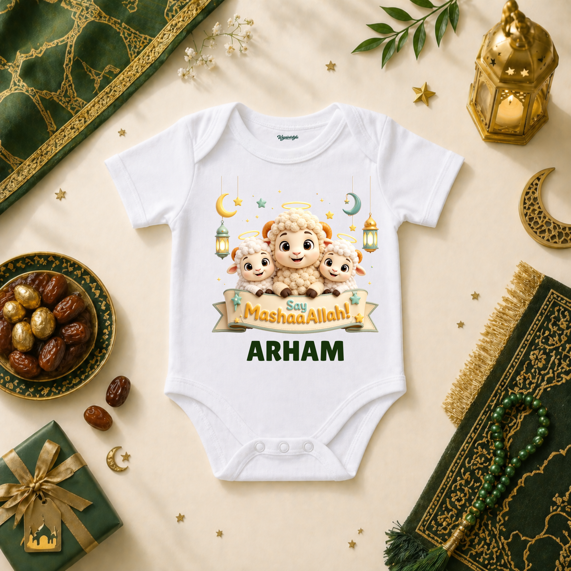 Cute Little Lamb Baby Boy Say MashaAllah Crescent Star Celebration