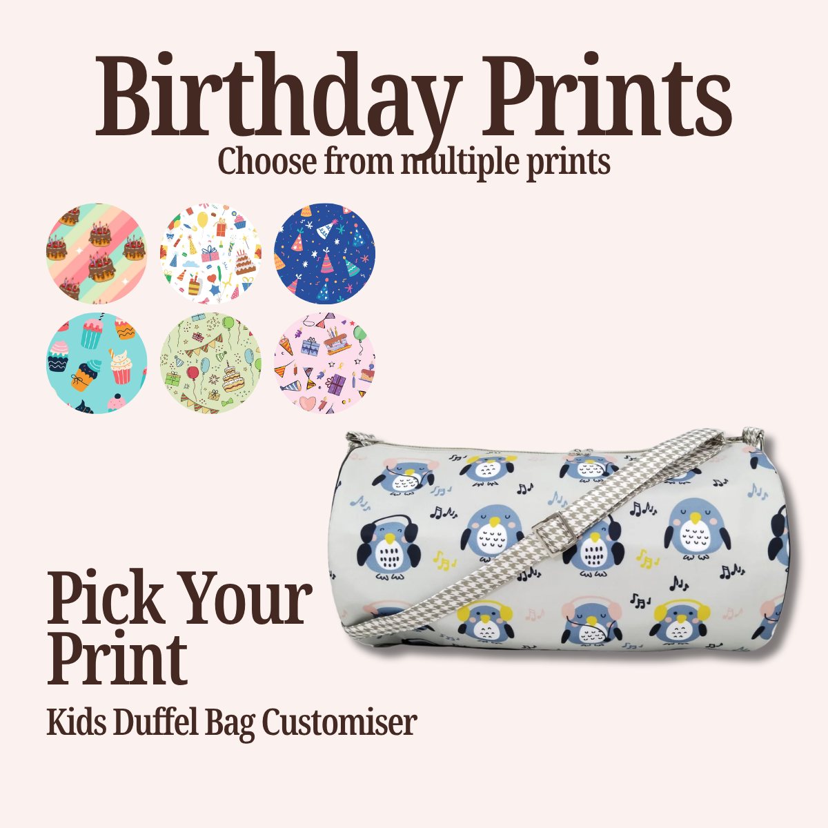HAPPY BIRTHDAY PRINT KIDS DUFFEL BAG CUSTOMISER