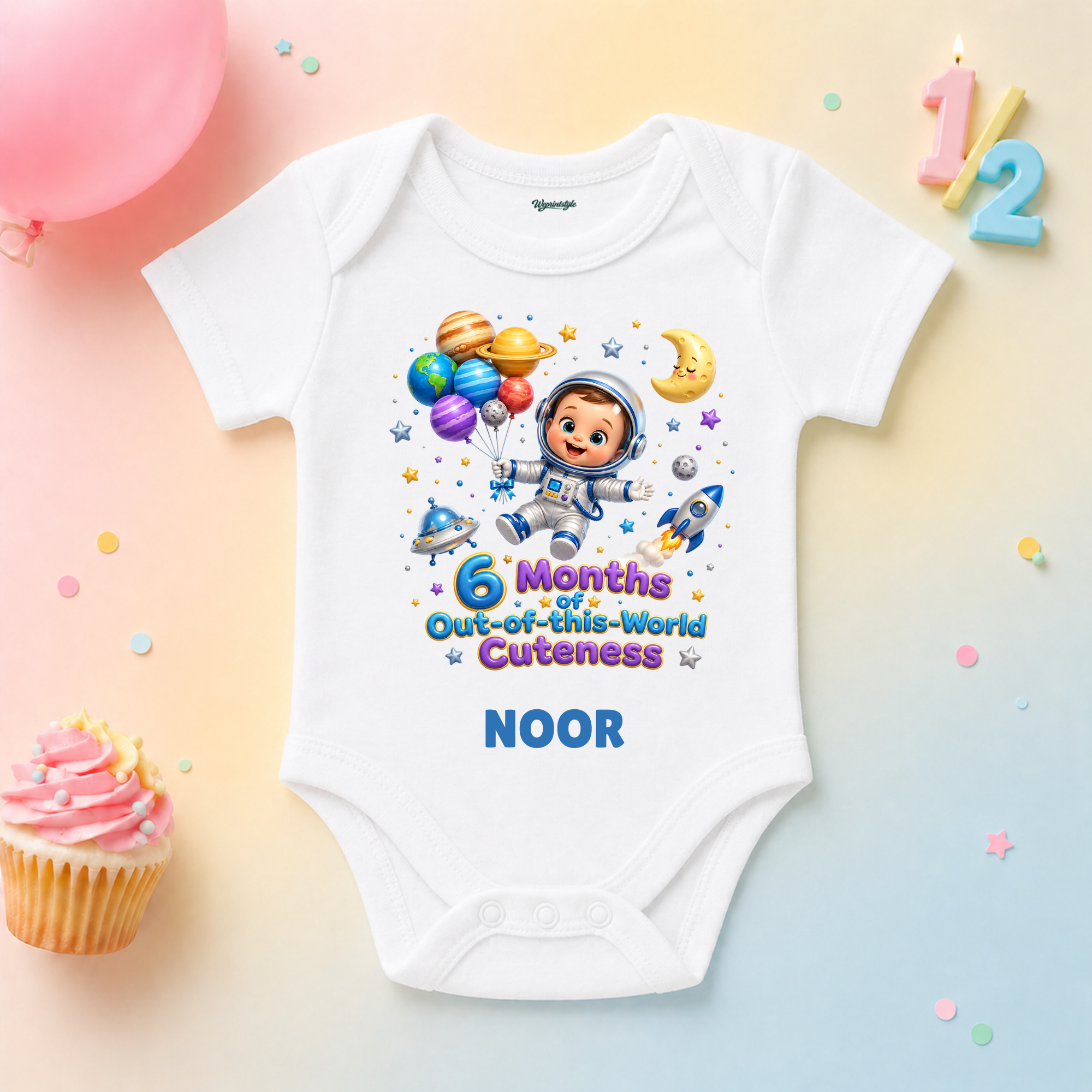 Space Theme 6 Months Birthday Custom Name T Shirt