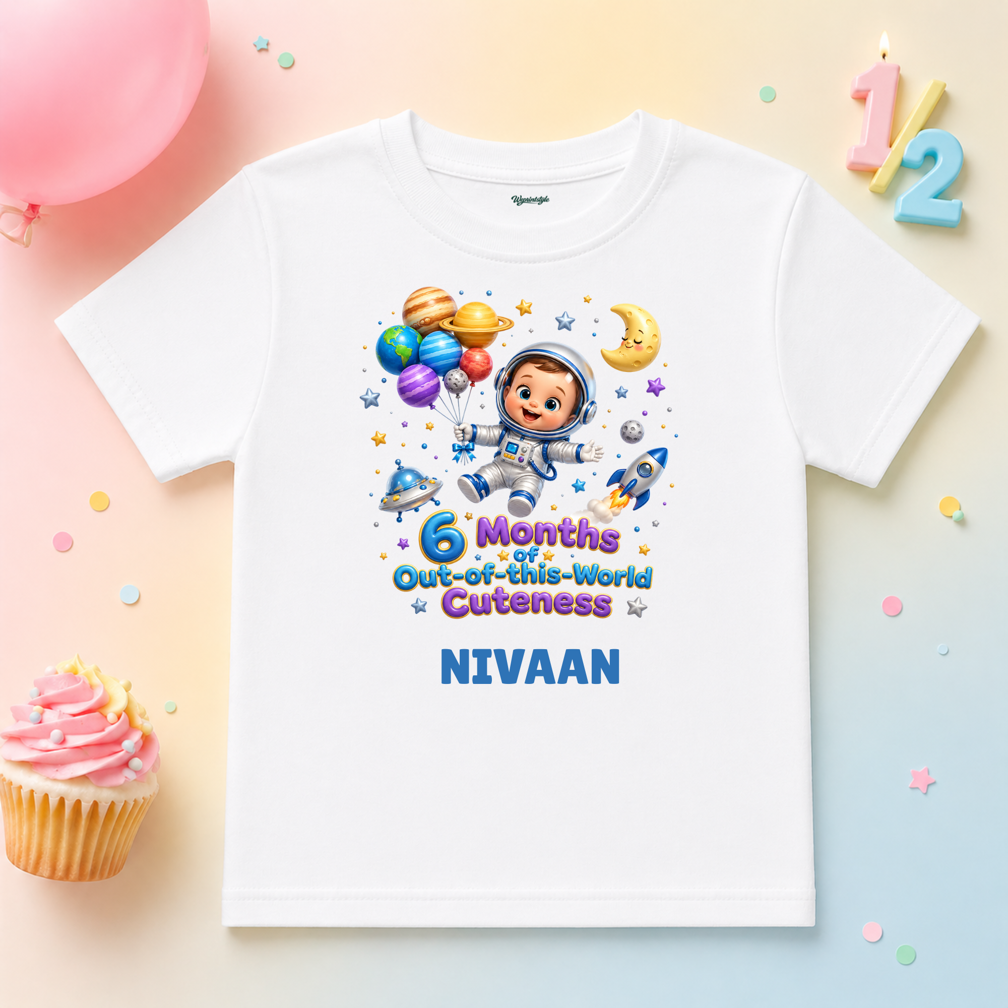 Space Theme 6 Months Birthday Custom Name T Shirt