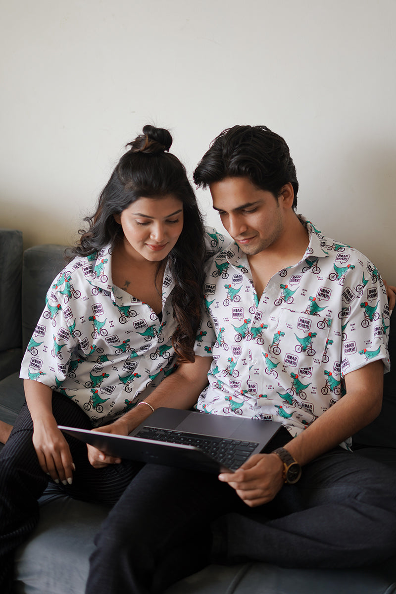Dino Cycle Printed Unisex Couple Shirt