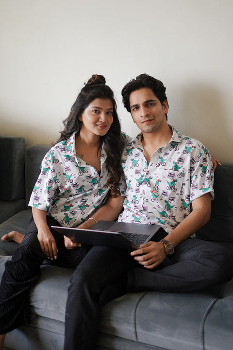 Dino Cycle Printed Unisex Couple Shirt