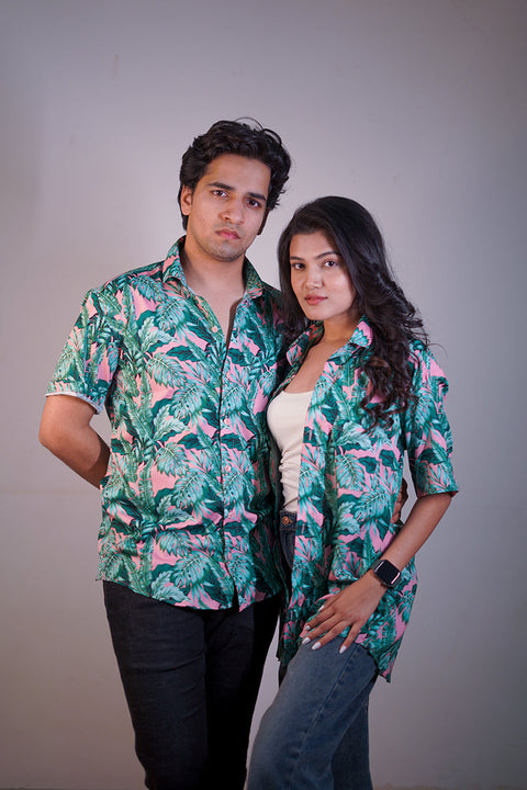 Pinkish green leaf Couple shirt