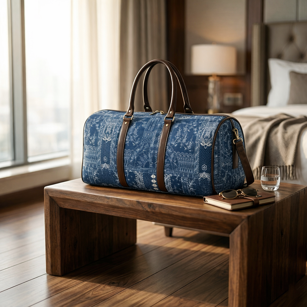 INDIGO STORY PATCHWORK PRINT DUFFLE BAG