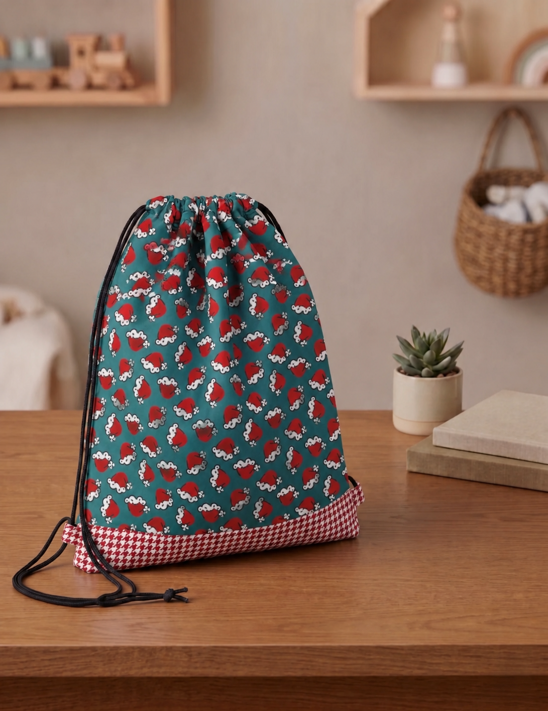 SANTA HAT PARADE PRINT DRAWSTRING BACKPACK