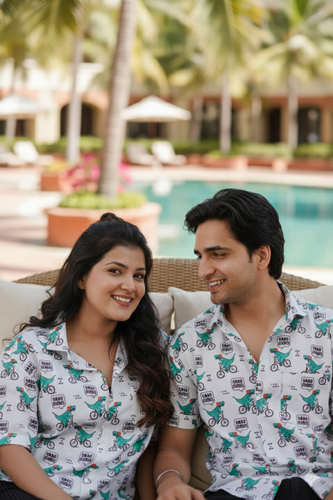 Dino Cycle Printed Unisex Couple Shirt