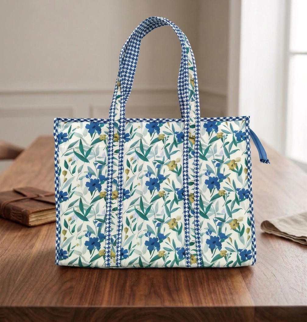 NAVY LEAF DRIFT PRINT SMALL TOTE BAG