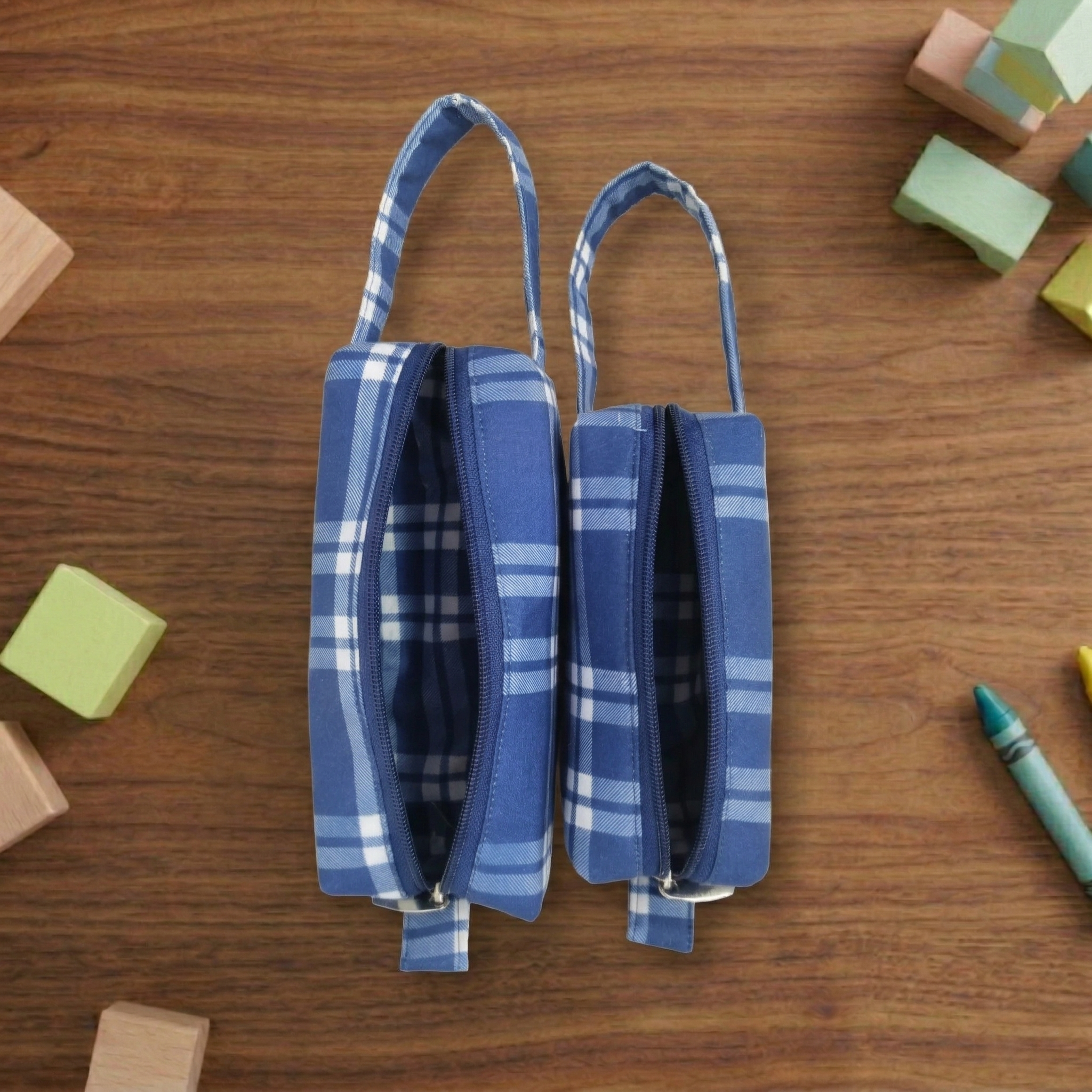 BLUE PLAID PRINT SMALL DUO POUCH SET