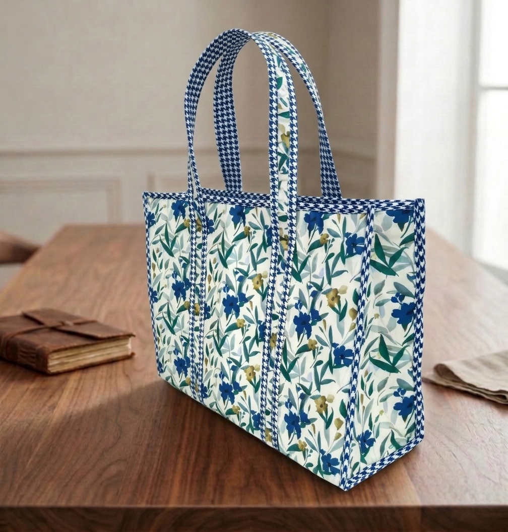 NAVY LEAF DRIFT PRINT SMALL TOTE BAG