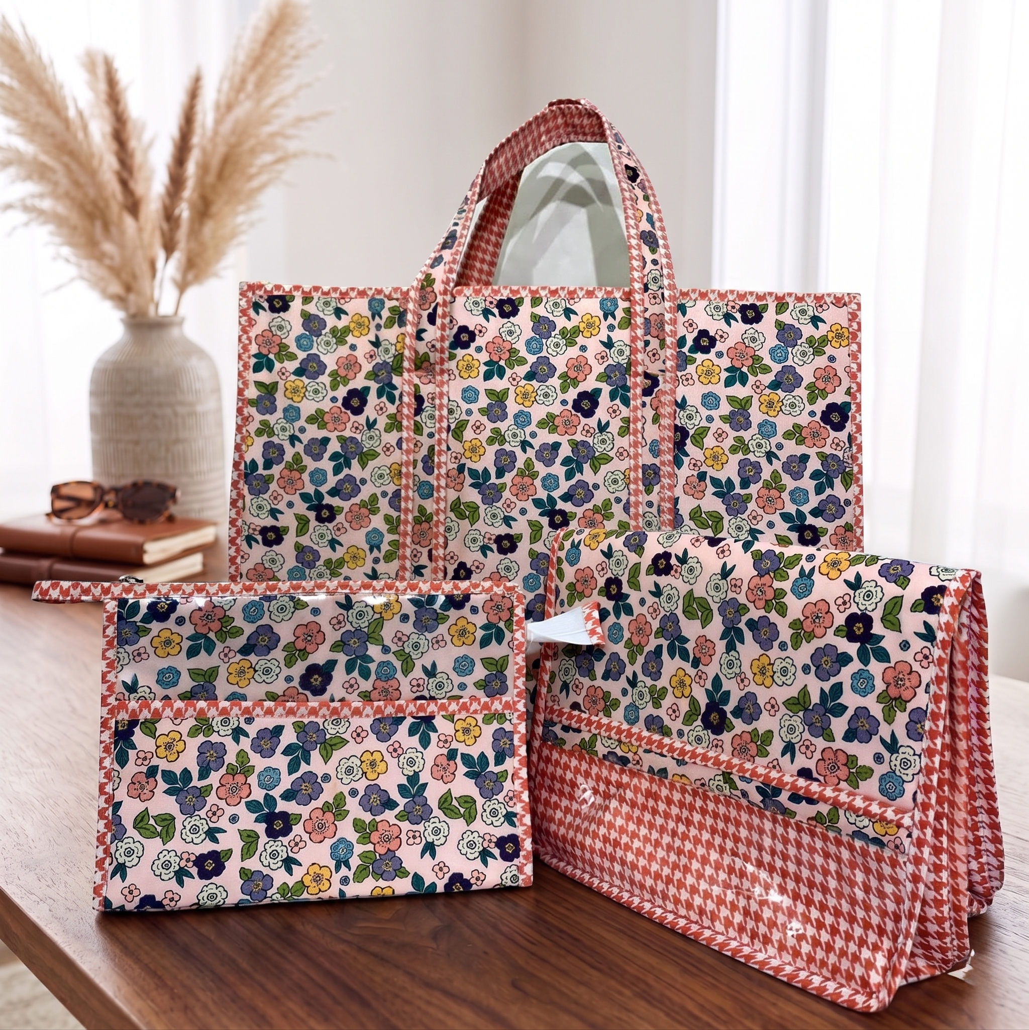 CORAL BLOSSOM DITSY TOTE BAG SET