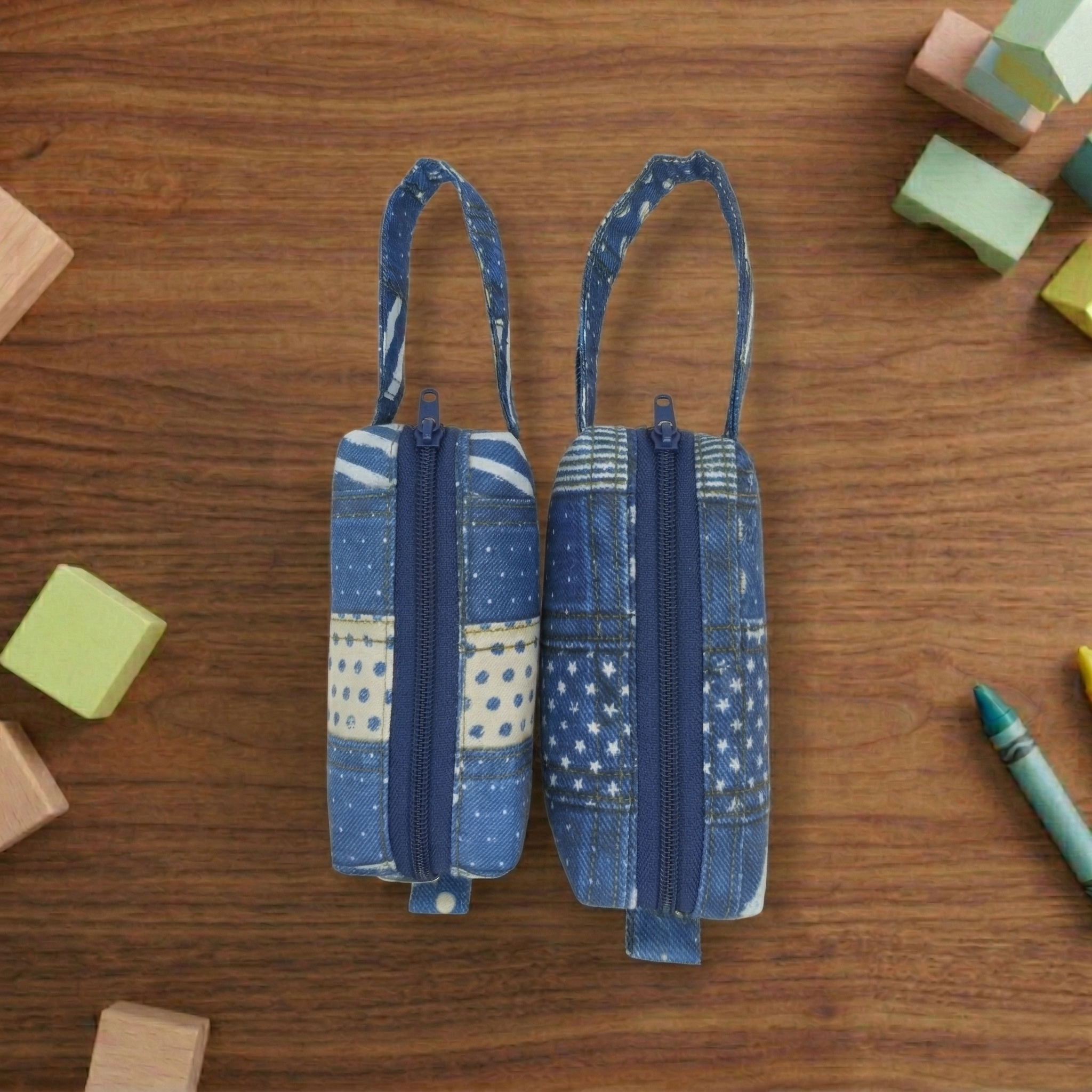 BLUE PATCHWORK STYLE PRINT SMALL DUO POUCH SET
