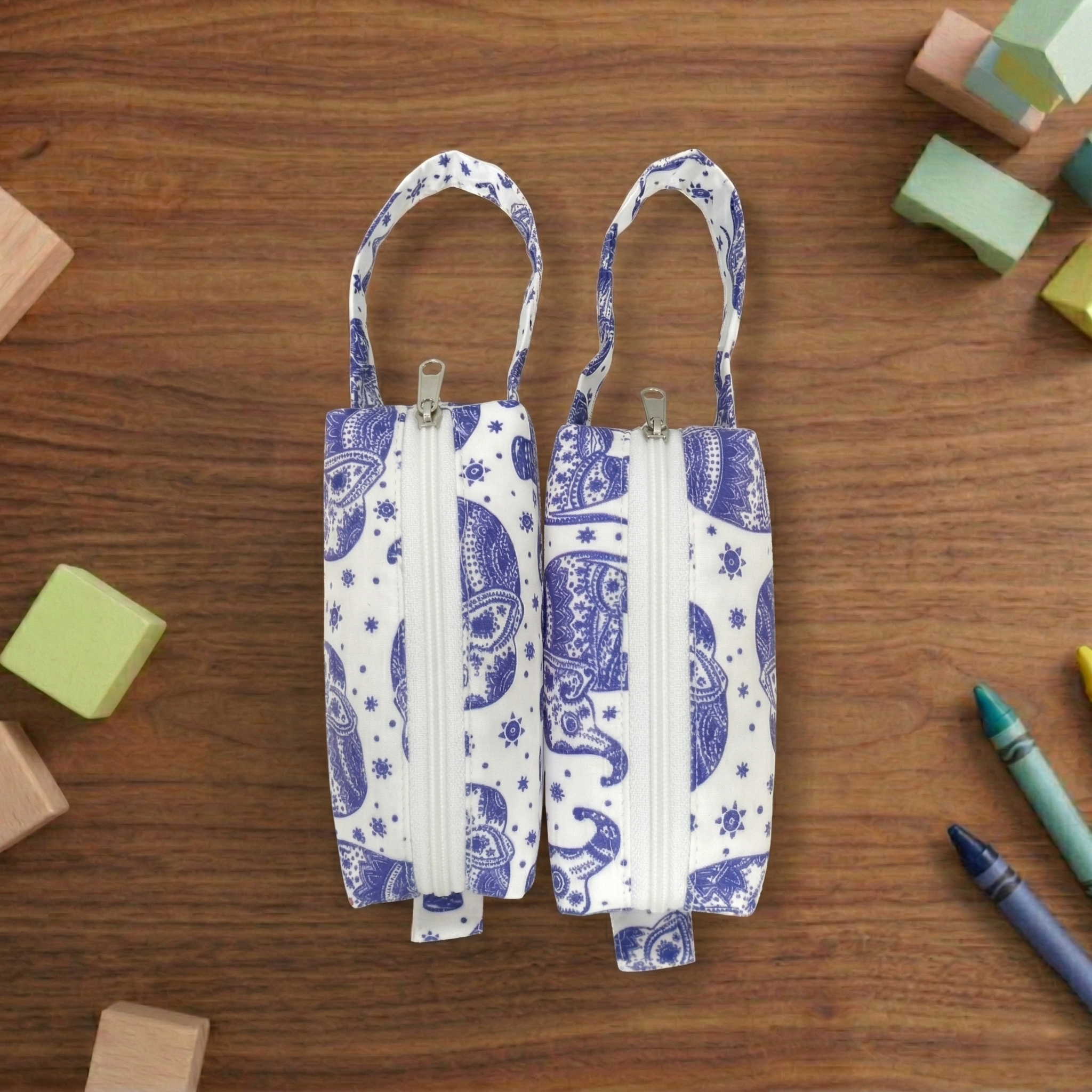 BLUE AND WHITE ELEPHANT PRINT SMALL DUO POUCH SET