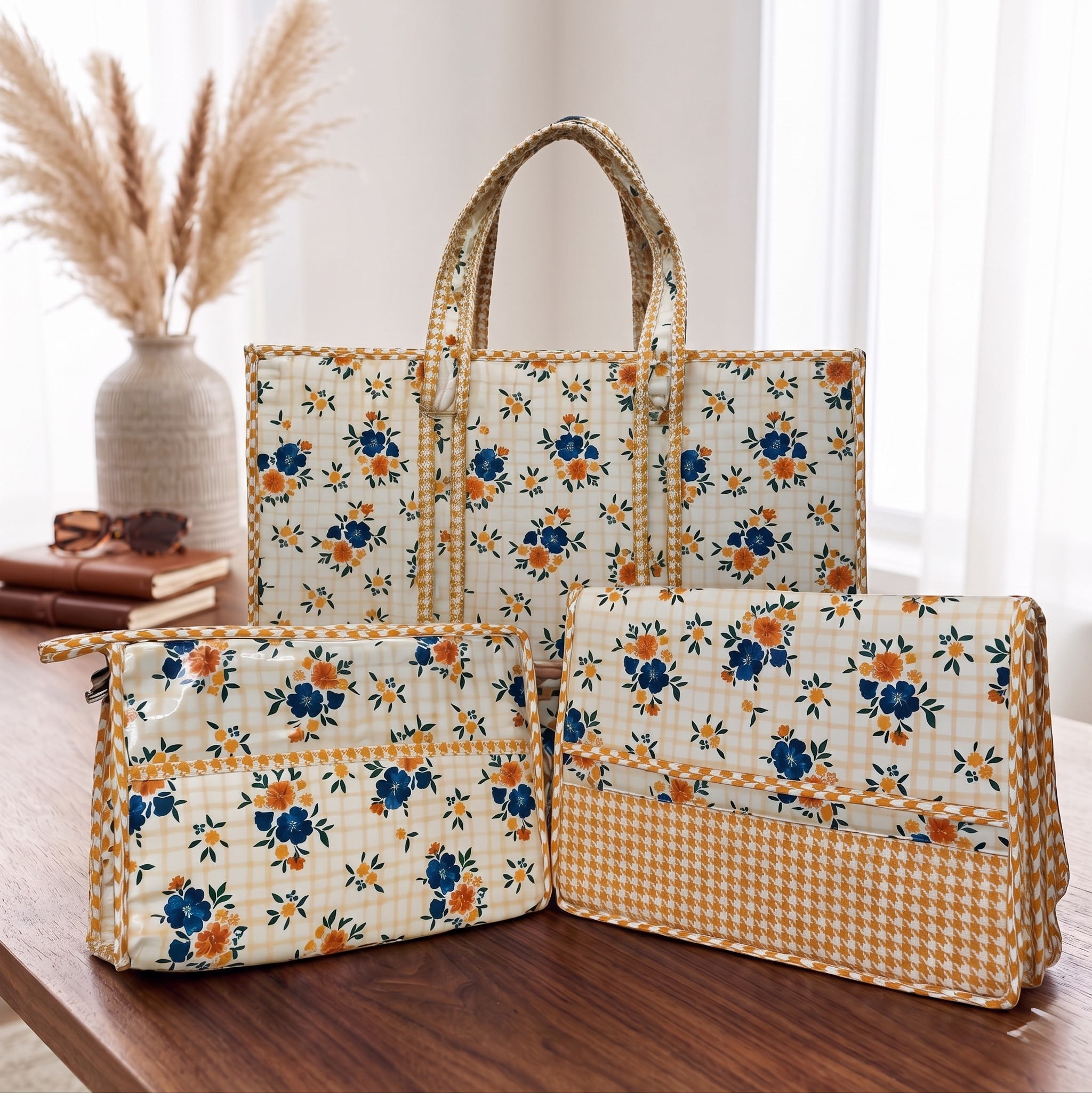 CHECKERED BLOSSOM TOTE BAG SET