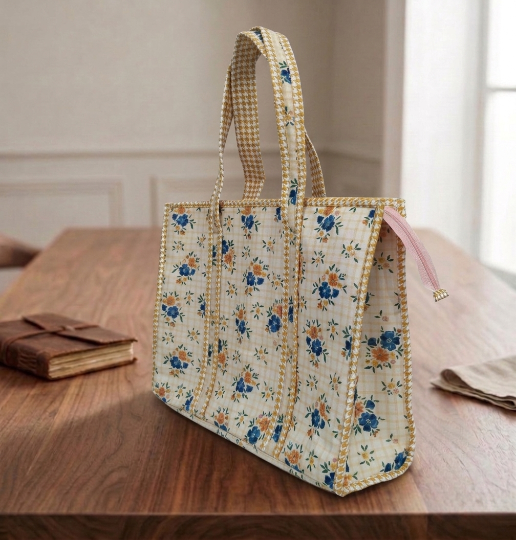 CHECKERED BLOSSOM PRINT SMALL TOTE BAG