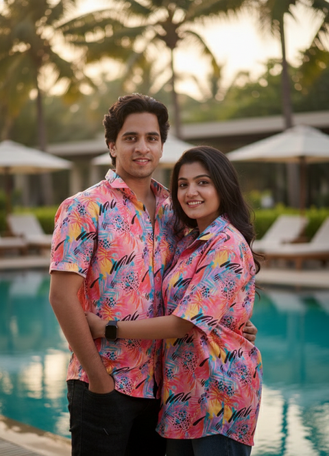 Pink Tropical Printed Unisex Couple Shirt