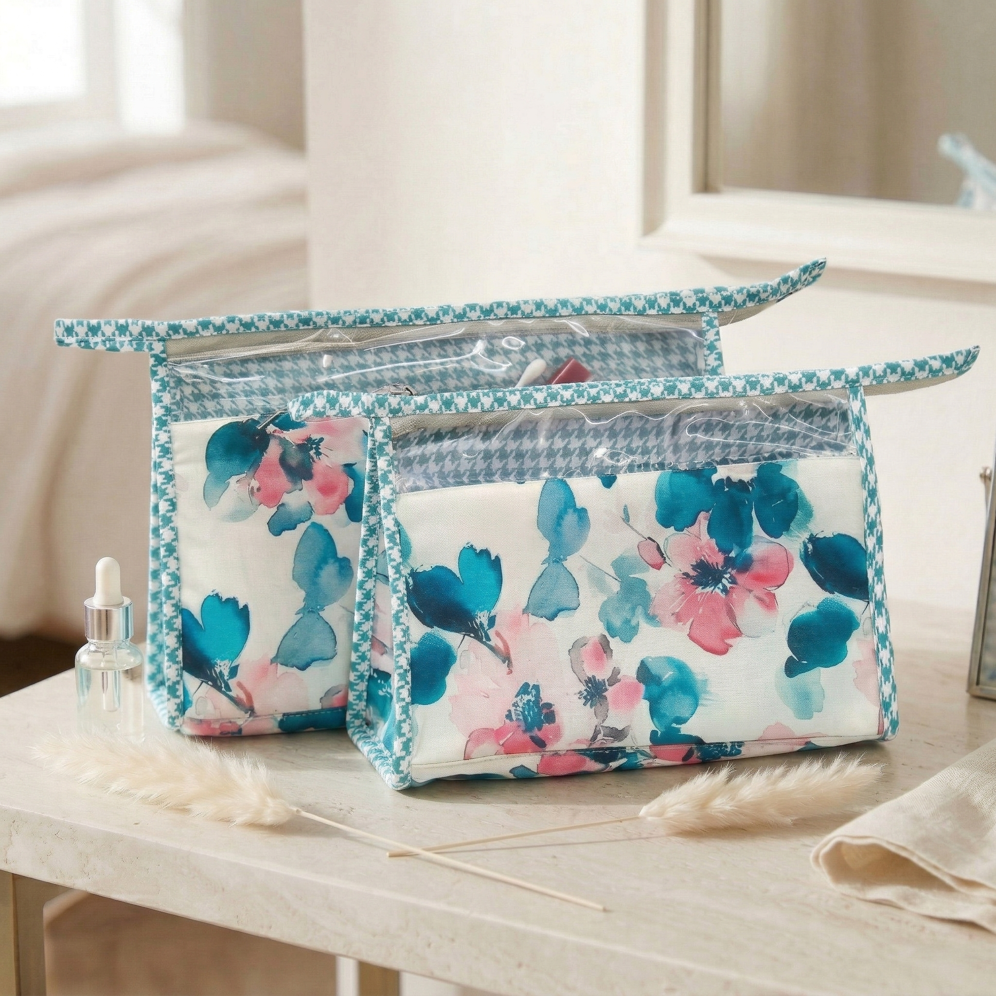 AQUA ROSE PRINT TRAVEL MAKEUP POUCH SET