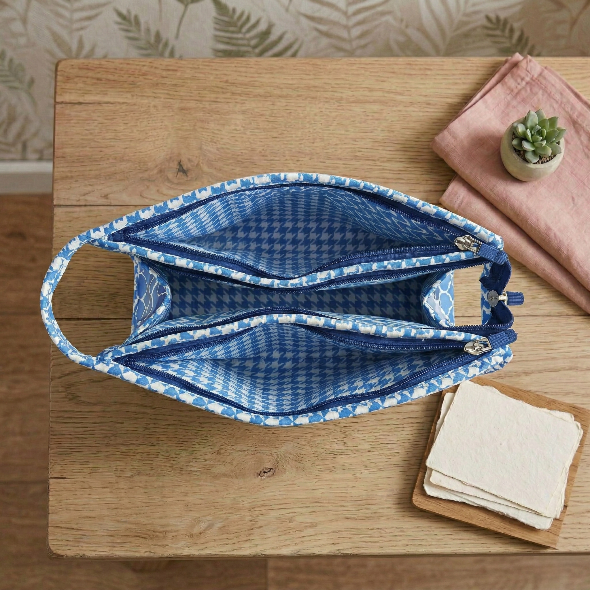 INDIGO MOSAIC PRINT TrioZip Toiletry Bag