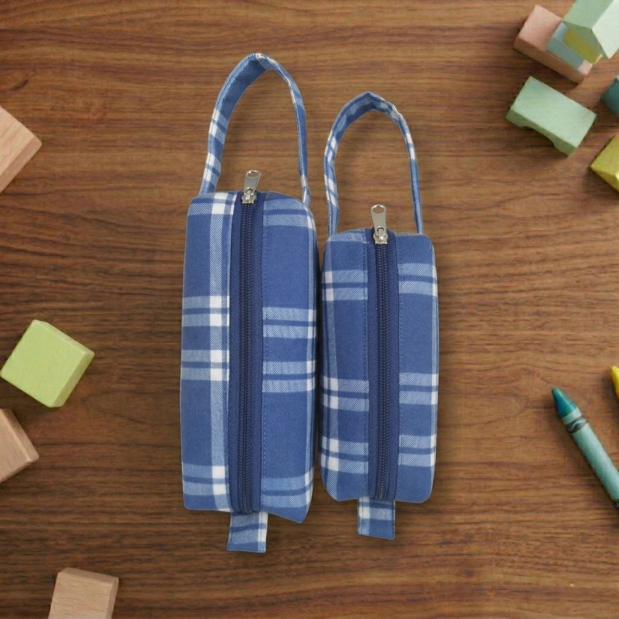 BLUE PLAID PRINT SMALL DUO POUCH SET