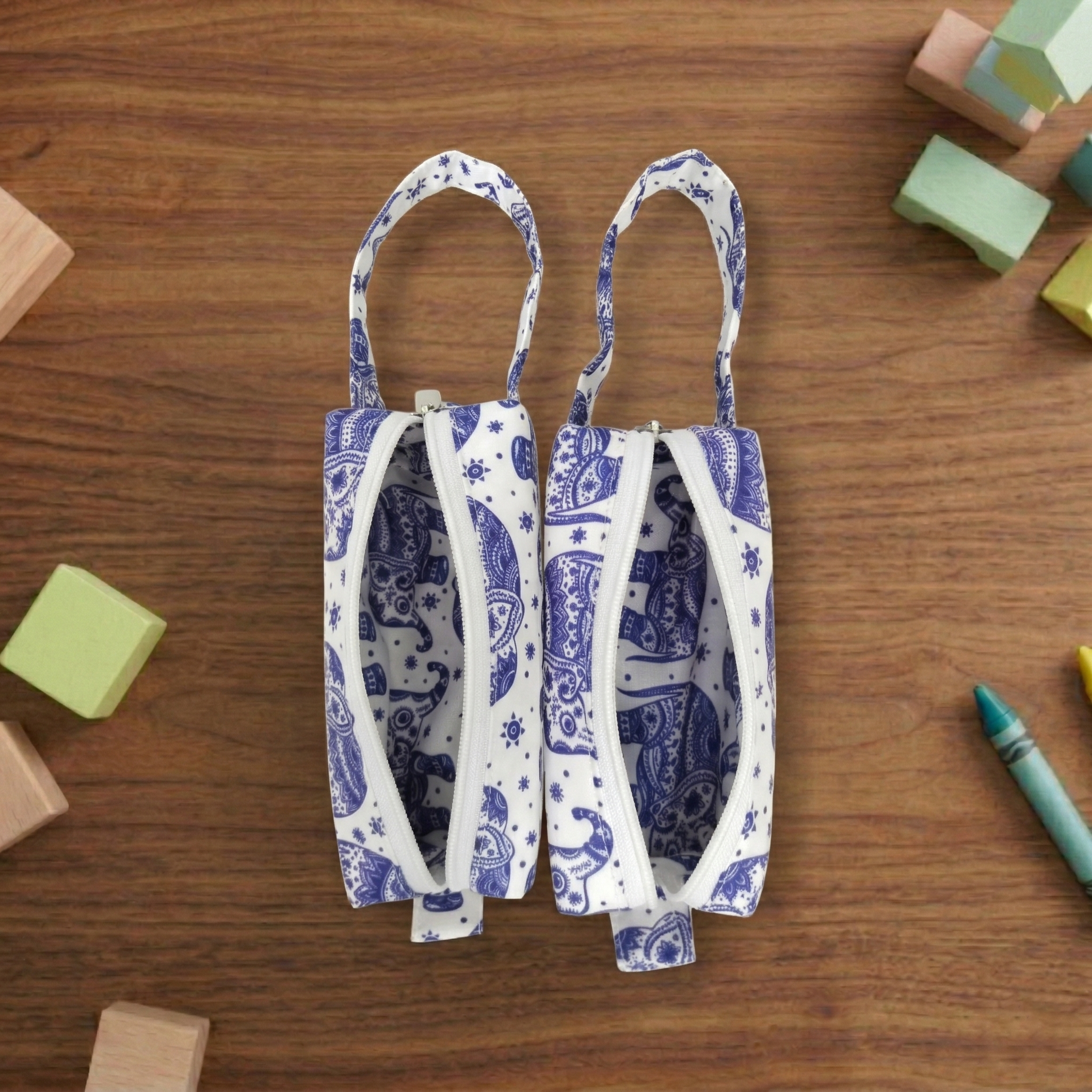 BLUE AND WHITE ELEPHANT PRINT SMALL DUO POUCH SET
