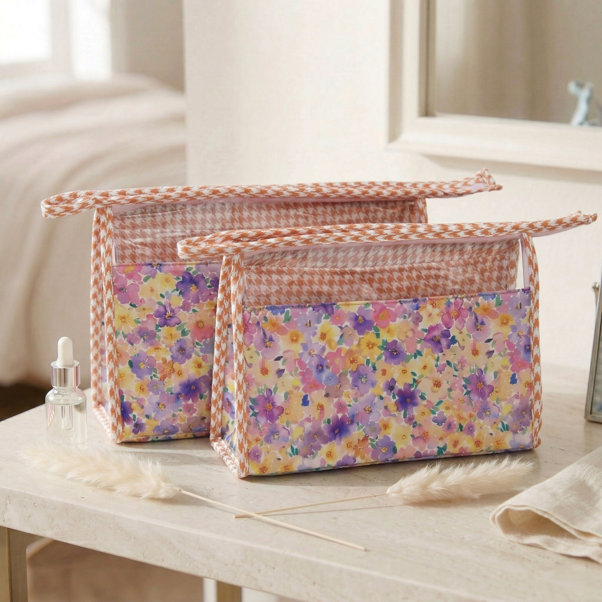 PEACH PETAL PARTY PRINT TRAVEL MAKEUP POUCH SET