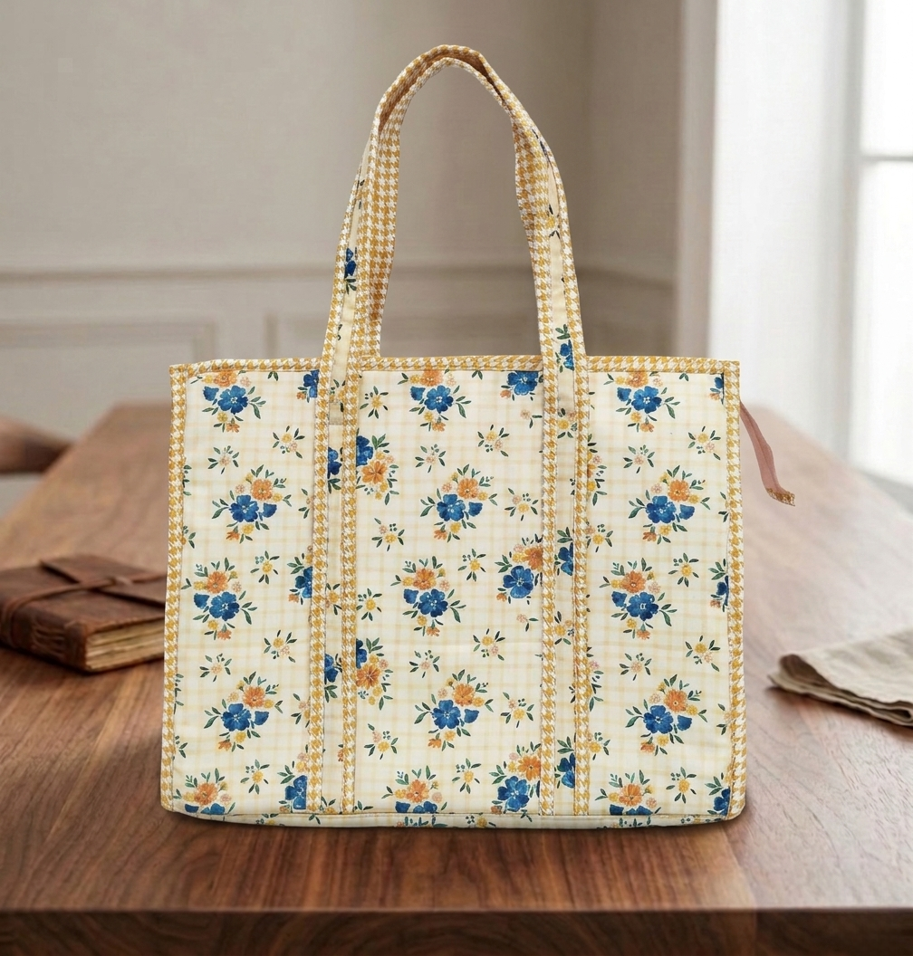 CHECKERED BLOSSOM PRINT SMALL TOTE BAG