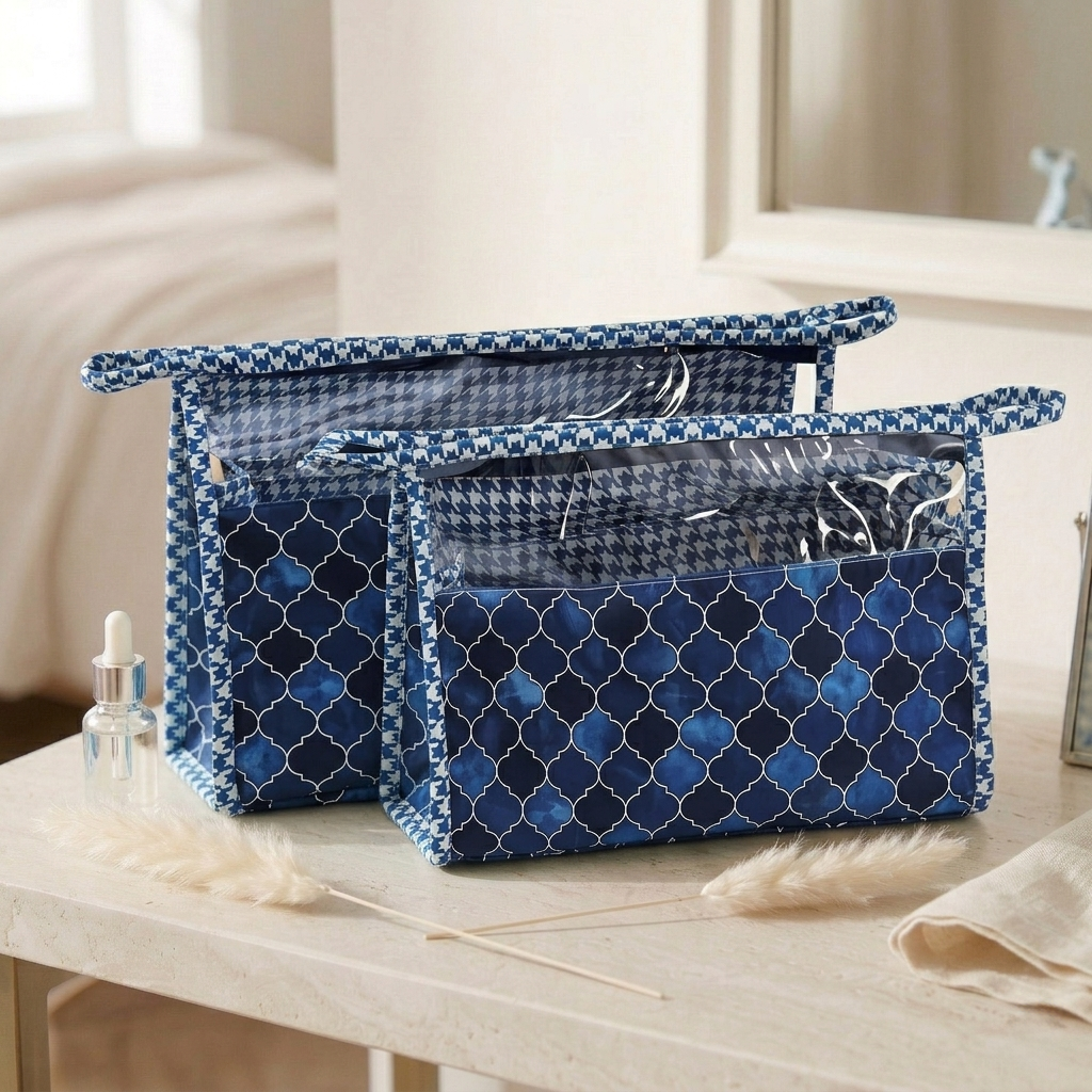 INDIGO MOSAIC PRINT TRAVEL MAKEUP POUCH SET