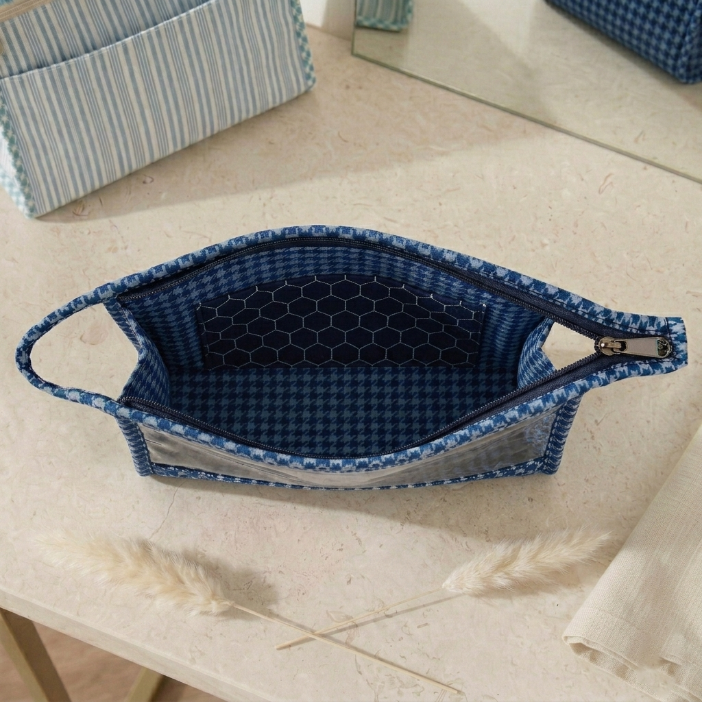 INDIGO MOSAIC PRINT TRAVEL MAKEUP POUCH SET