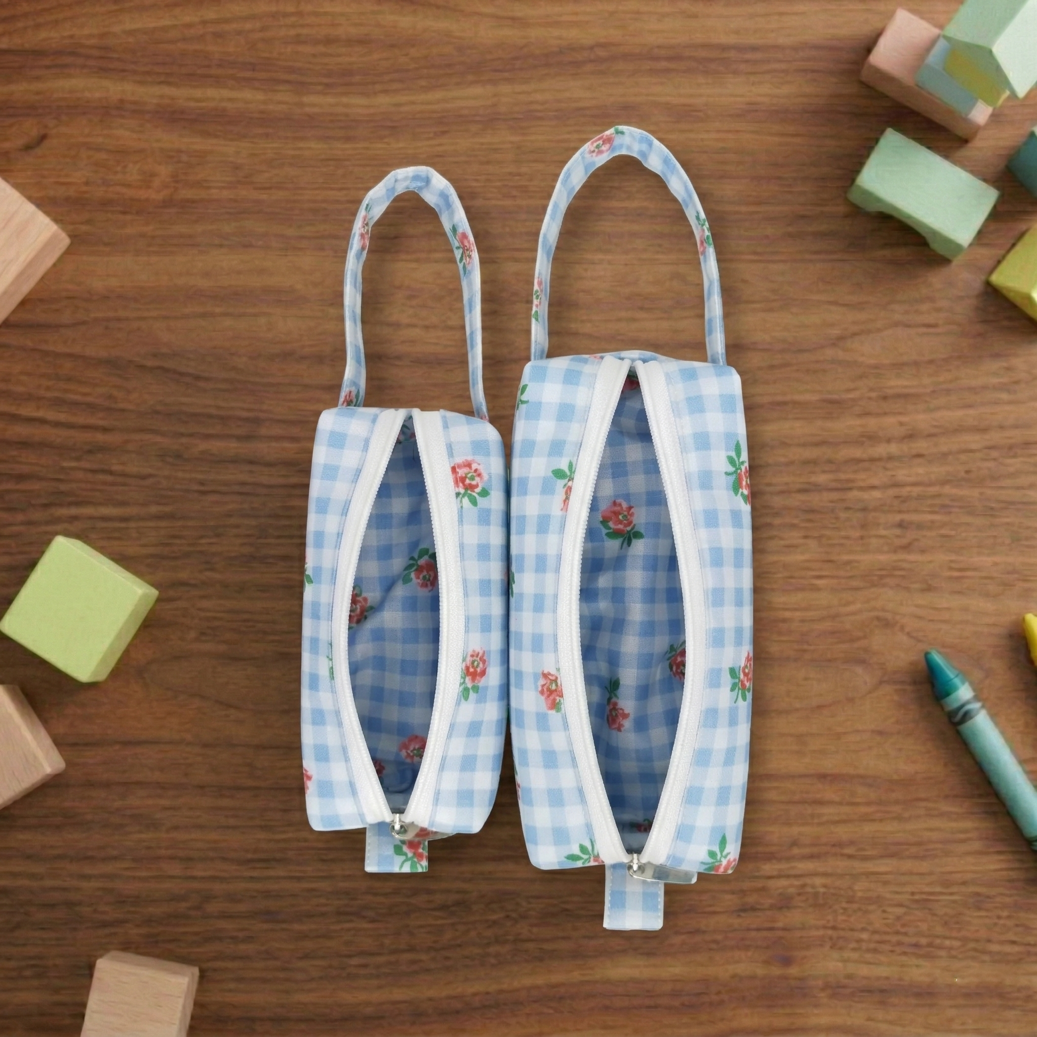 LIGHT BLUE GINGHAM PRINT SMALL DUO POUCH SET