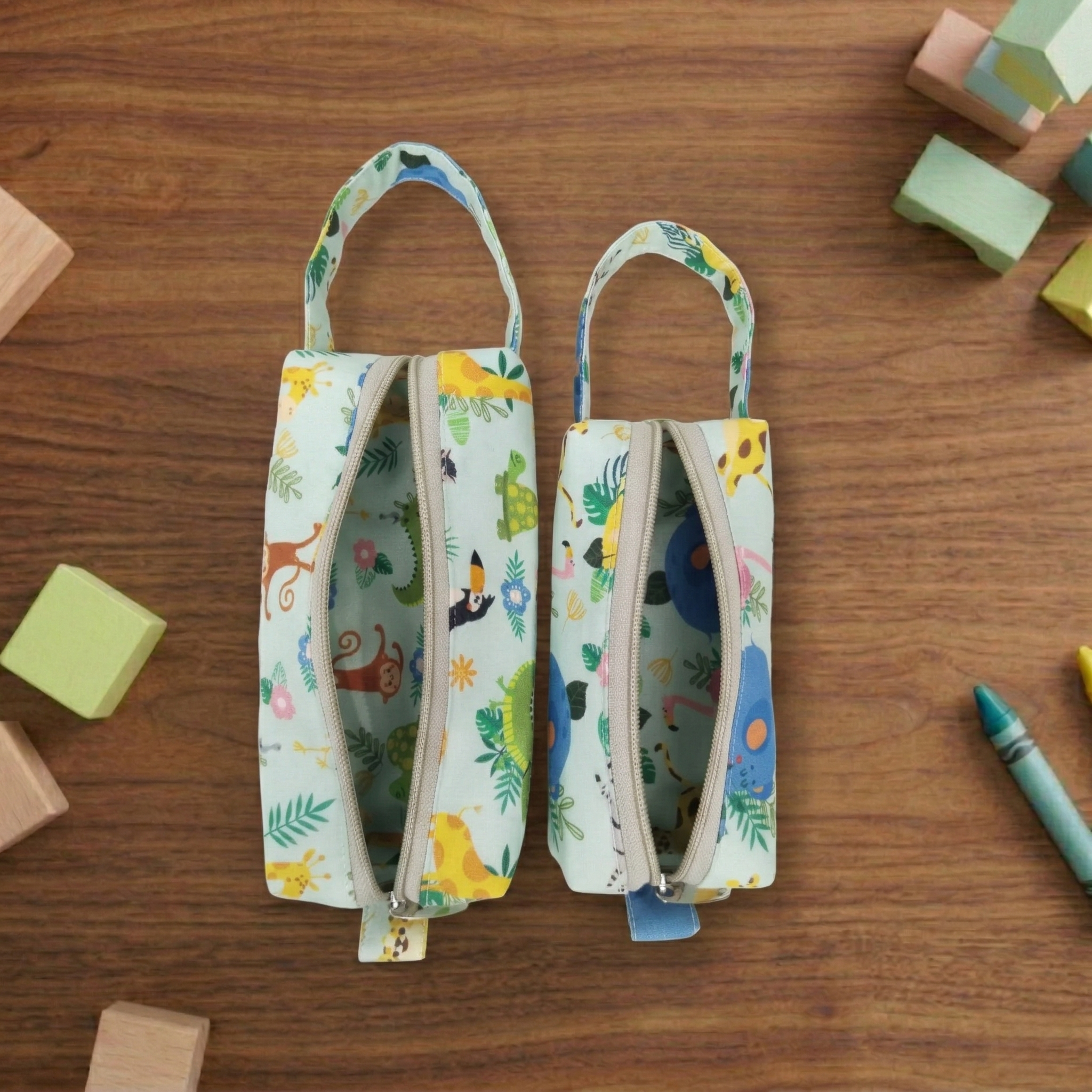 GREEN JUNGLE PRINT SMALL DUO POUCH SET