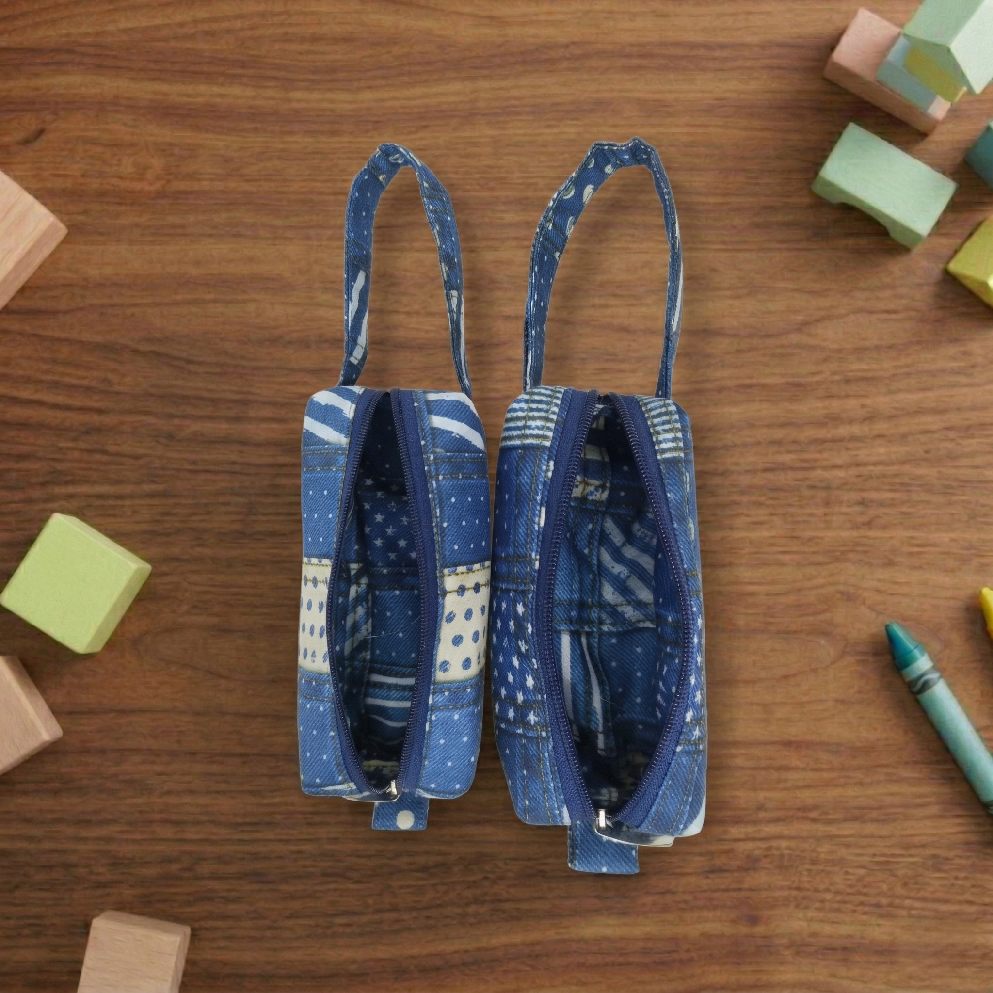 BLUE PATCHWORK STYLE PRINT SMALL DUO POUCH SET