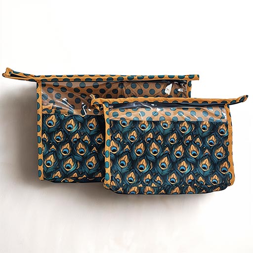 PEACOCK GLORY PRINT TRAVEL MAKEUP POUCH SET