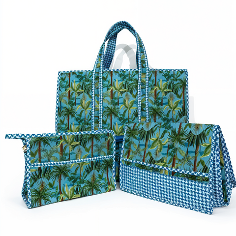 Set of three bags with palm tree pattern on a white background