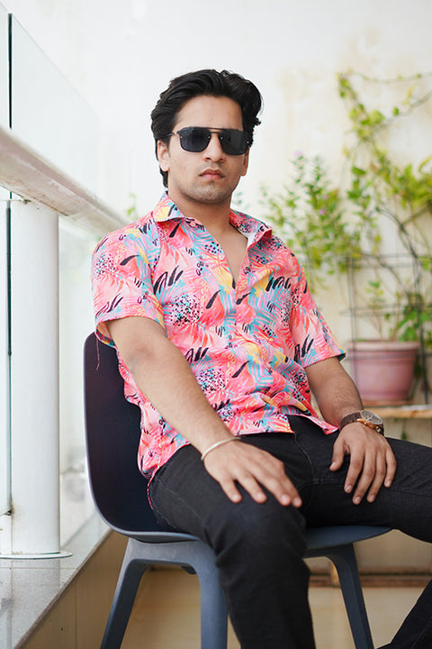 Pink Tropical Printed Unisex Couple Shirt