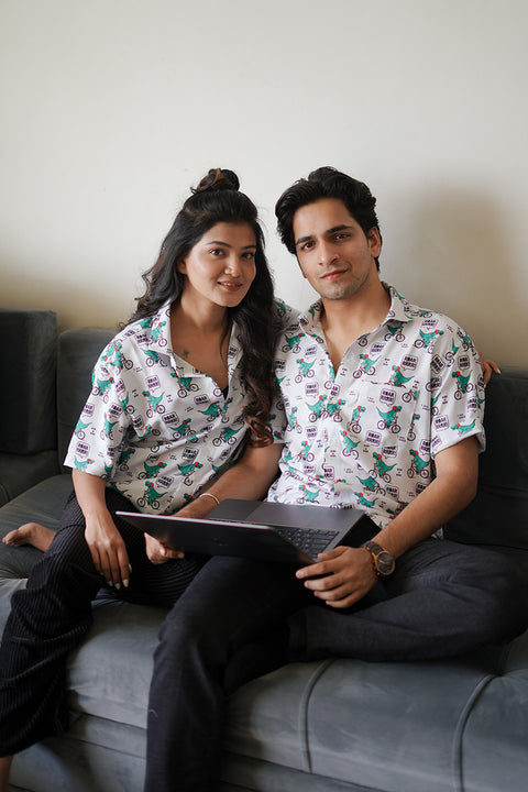 Dino Cycle Printed Unisex Couple Shirt