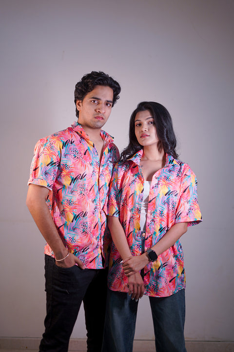 Pink Tropical Printed Unisex Couple Shirt