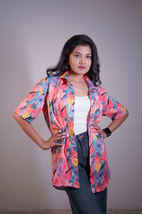 Pink Tropical Printed Unisex Couple Shirt