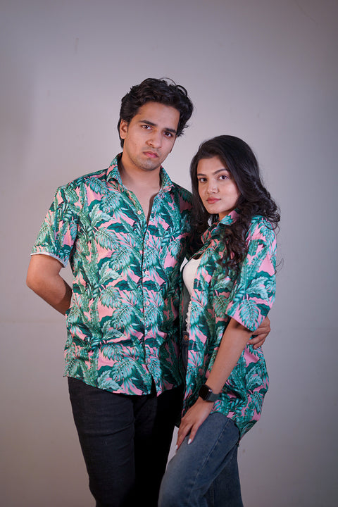 Pinkish green leaf Couple shirt