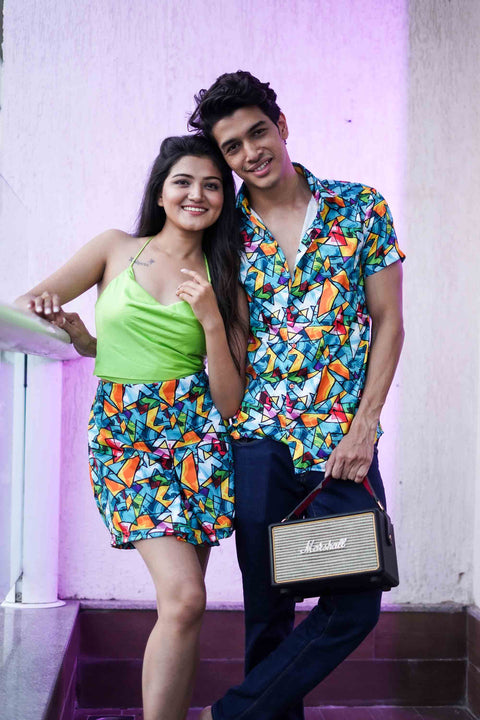 Blue Geometric Couple Shirts